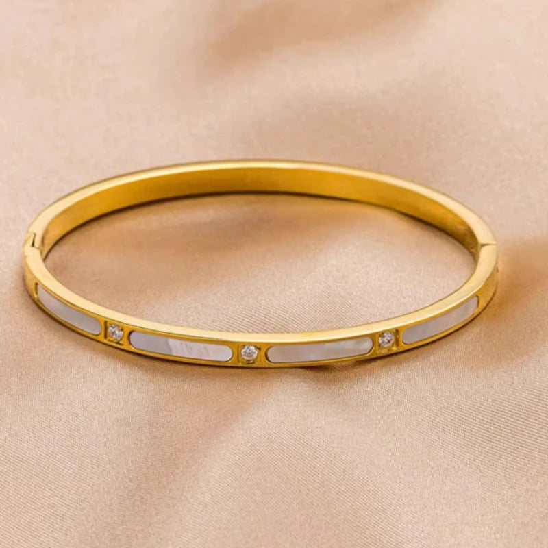 Bracelet Nacre & Zircon – Acier Inoxydable Doré